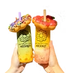 Two bubble tea drinks with boba pearls